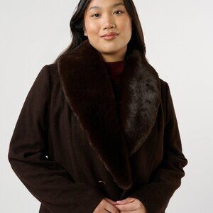 NWT Estelle Alastair Chocolate Brown Wool Maxi Coat Faux Fur Collar Plus Size
